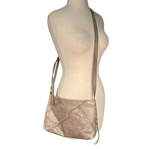 HOBO Leather Crossbody Bag Taupe Gray Whipstitch Adjustable Strap Boho Travel